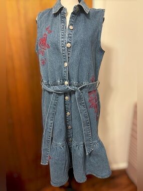 G by Giuliana Black Label Denim Embroidered Button Up Dress